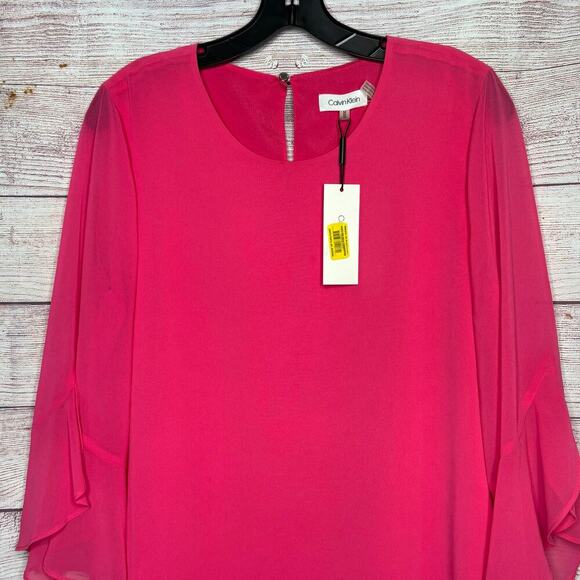 Calvin Klein Pink Lined Georgette Ruffle Office Career Preppy Blouse Medium New - Picture 3 of 6